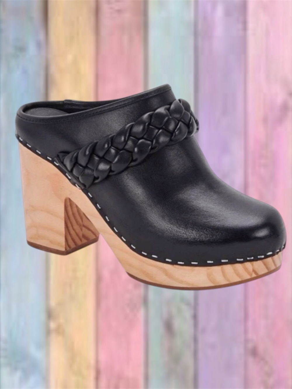 Dolce Vita Black Leather Braided Clog Mules with Wooden Platform Shoes NWOT